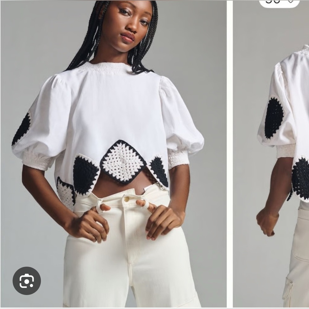 NWT Anthropologie Maeve Short-Sleeve Crochet Bow-Back Top Black/ White